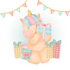 Birthday card with cute Unicorn party .