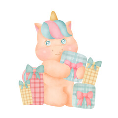 Cute Unicorn with gift boxes for birthday card.
