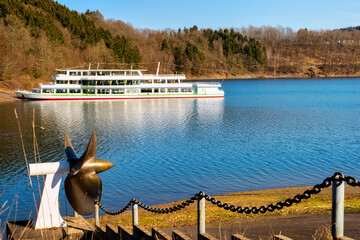 Biggesee with excursion ships on a beautiful sunny day, Sauerland, Germany