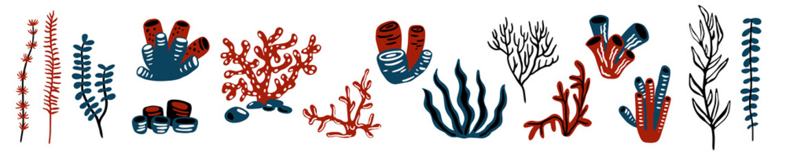 A set of cartoon underwater plants and creatures. Vector of isolated marine corals and algae. blue, black. Hand drawing © Валерия Барханова