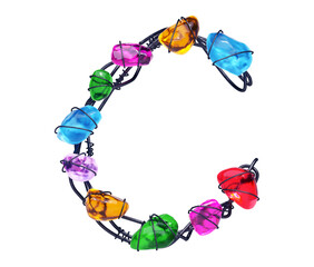 Gems on a wire. Font. Letter C.