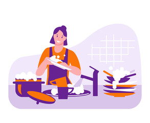 Woman housewife washes dishes in the kitchen. Household vector concept. Illustration in flat cartoon style.