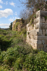 The outer  walls of the ruins of crusader Fortress Chateau Neuf - Metsudat Hunin is located at the entrance to the Israeli Margaliot village in the Upper Galilee in northern Israel