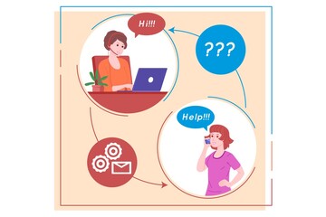 Call center, customer service, support and assistance landing page. Hotline woman operator with headsets and laptop. Concept of telemarketing and consultation. Cartoon vector illustration.