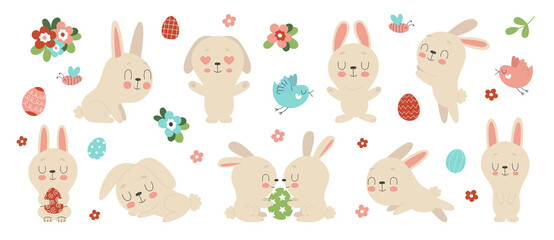 Set of cute Easter bunnies, flowers and decorated eggs on a white background. Traditional symbol of Easter. Funny animals in different poses.