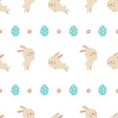 Cute seamless pattern with cute Easter bunnies decorated with eggs and flowers. Traditional symbol of Easter. Funny animals in different poses.