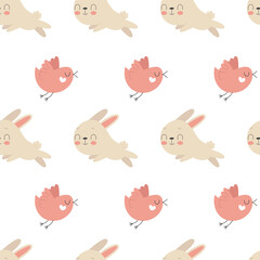 Cute seamless pattern with cute Easter bunnies and birds. Traditional symbol of Easter. Funny animals in different poses.