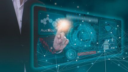 Business Man use finger touch interface screen,auction modern wireless network 5G technologies,with futuristic blue background,future technology concepts development internet of things (iot)