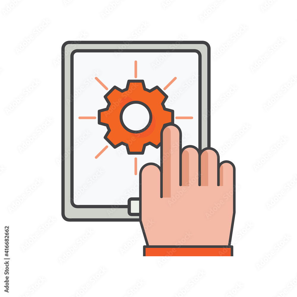 Poster finger clicking on smartphone with setting gear icon. mobile setting illustration. flat vector icon.