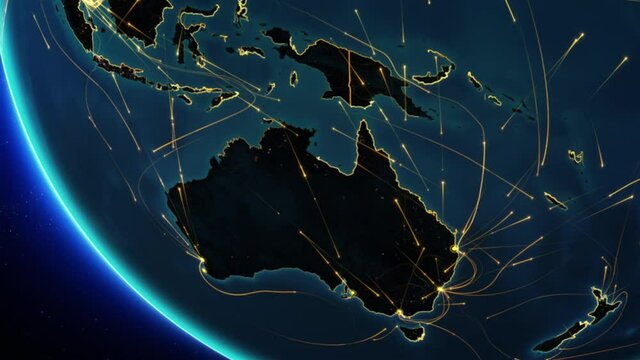 
World map with connections. Oceania and Asian map with bright connections and city lights. Aerial, maritime, ground routes and country borders.
