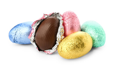 Sweet chocolate eggs on white background