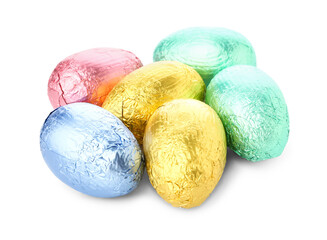 Sweet chocolate eggs on white background