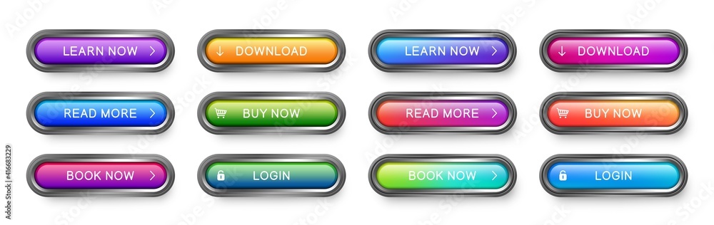 Poster Set of vector web buttons. Abstract glass buttons with metallic frame for use in website, apps and games. Design elements collection for UI.