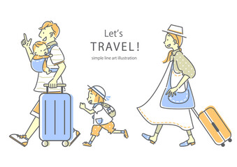 旅行を楽しむ若い女性と男性のシンプルでおしゃれな線画イラスト Wall Mural Fumipokkur 旅行を楽しむ若い女性と男性のシンプルでおしゃれな線画イラスト Wall Mural Fumipokkur