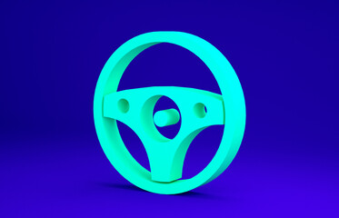 Green Steering wheel icon isolated on blue background. Car wheel icon. Minimalism concept. 3d illustration 3D render.