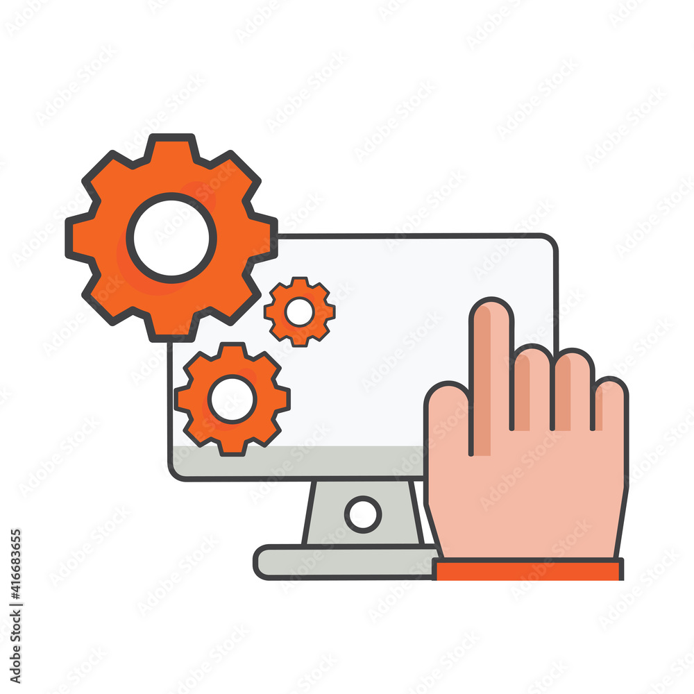 Poster finger clicking on computer with setting icon. computer setting, maintenance illustration. flat vect