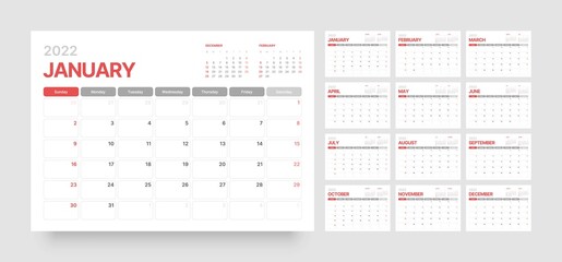 Wall calendar template for 2022 year. Planner diary in a minimalist style. Week Starts on Sunday. Monthly calendar ready for print.