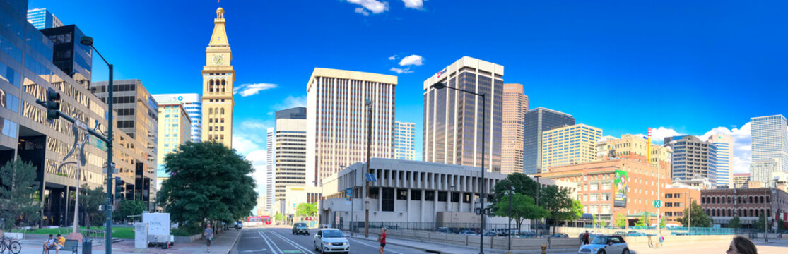 DENVER, CO - JULY 3, 2019: City Streets And Skyline On A Beautiful Summer Day - Panoramic View