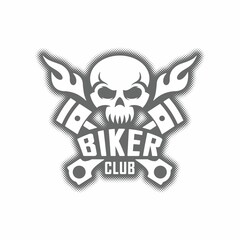 Black and white illustration of a skull, flame, piston and text on a white background. Vector illustration in vintage style for emblem, badge, print, label. Biker club symbol.