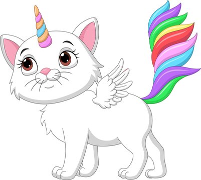 Cartoon cute unicorn cat with wings on white background