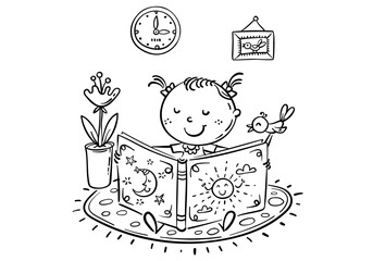 Little girl is reading a book, cartoon outline illustration