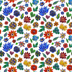 Obraz premium Illustration seamless pattern of acrylic colorful drawing flowers on white isolated background