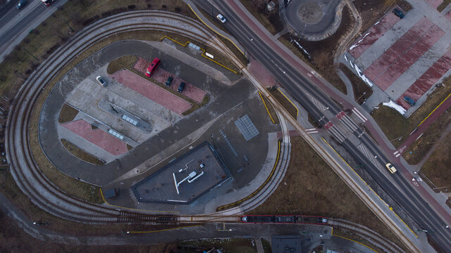 Czeladź, województwo śląskie. Pętla tramwajowa w centrum miasta. Widok z drona.