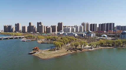 Fototapeta premium Waterfront City, architectural scenery, aerial photos, North China
