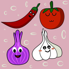 set vegetables in kawaii design. chili, tomato, onion, garlic suitable for icon illustration.