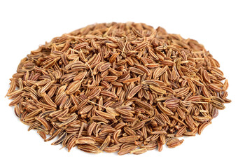 Caraway Seed (Fruit) Pile. Also known as Meridian Fennel and Persian Cumin (Carum Carvi). Isolated on White.