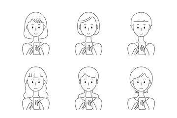 笑顔でスマートフォンを操作する女性のベクターイラストセット