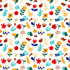 Trendy abstract pattern, geometric shapes in contemporary style. Vector floral seamless pattern flower,leaves in modern collage style.Abstract shapes hand drawn illustration.Colorful trendy background
