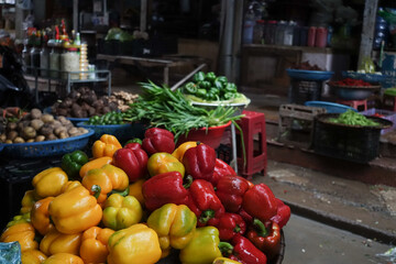 Colorful peppers in a small market.
