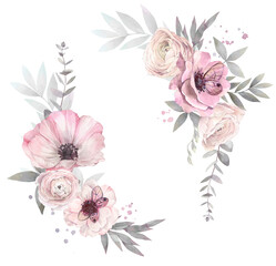 Floral set of bouquets with anemone flowers, ranunculuses and transparent butterflies. Hand drawn watercolor illustration.