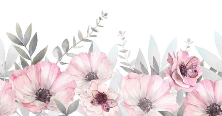 Floral seamless border of tender flowers and green leaves. Hand drawn watercolor illustration.
