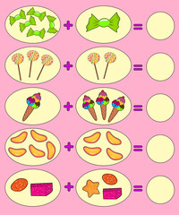 Educational game for kids. Colorful food. Solve math examples for addition. Fold candies.