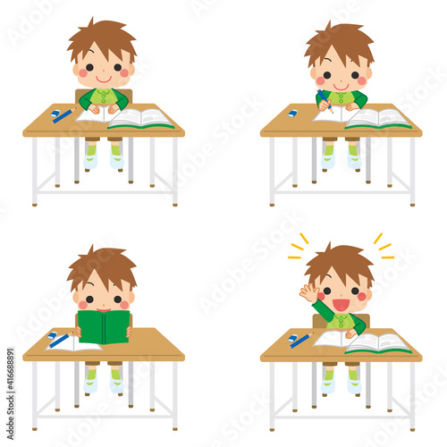 学校で勉強をしている可愛い小学生の男の子のイラスト Boy Wall Mural B ぽこたぽこ