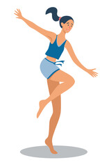 Cheerful woman is jumping in shorts and a tank top. Vector cartoon happy girl jumping. Pose isolated character.