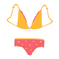 Obraz na płótnie Canvas Vector drawing of panties and bras. A set of fashionable women's underwear, a set of underwear. Bikini swimsuit for summer. Sensuality, femininity. Fashion flat sketch template. 