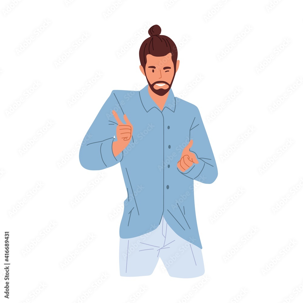 Poster young confident man winking and pointing with fingers. portrait of seductive smiling guy flirting an