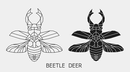 Abstract  geometric beetle-deer. Template for tattoo. Outline and silhouette beetle. Vector.
