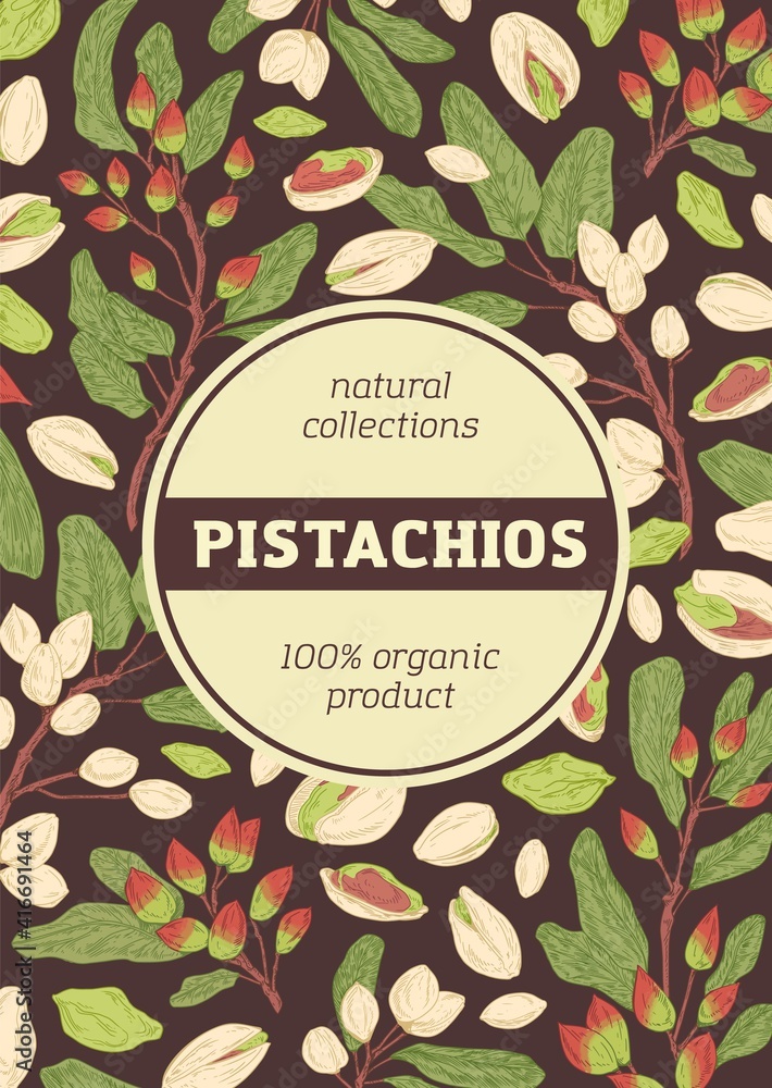 Fototapete design of packaging with pistachio pattern on dark background. vertical packing template with branch