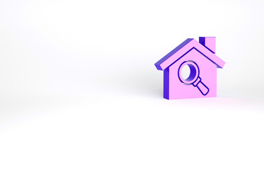 Purple Search house icon isolated on white background. Real estate symbol of a house under magnifying glass. Minimalism concept. 3d illustration 3D render.