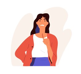 Furious angry woman scolding in anger. Annoyed female character with irritated face expression complaining and pointing with finger up. Colored flat vector illustration isolated on white background