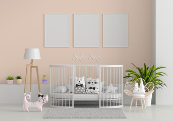 Brown child room with frame mockup, 3D rendering