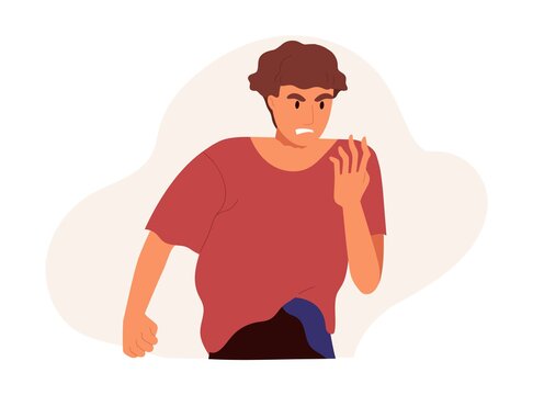 Angry annoyed man with dissatisfied facial expression. Aggressive discontented guy with evil face expressing anger, fury and rage. Colored flat vector illustration isolated on white background