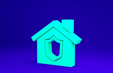 Obraz na płótnie Canvas Green House with shield icon isolated on blue background. Insurance concept. Security, safety, protection, protect concept. Minimalism concept. 3d illustration 3D render.