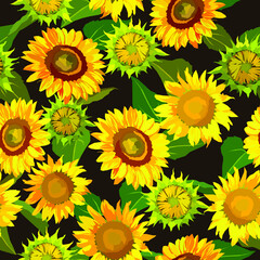 Sunflowers and ladybirds colorful  vector seamless pattern