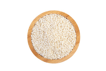 Top view close up of white sesame seeds in a wooden cup isolated on a white background with clipping path