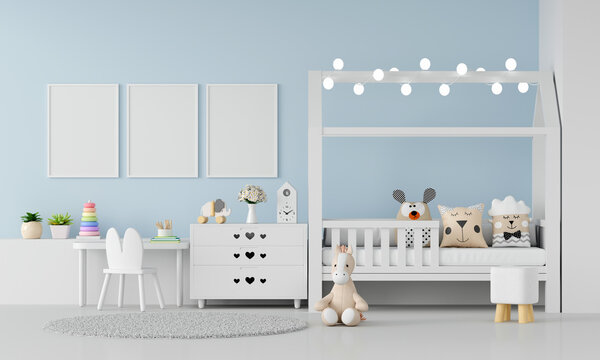 Blue child bedroom interior with frame mockup, 3D rendering